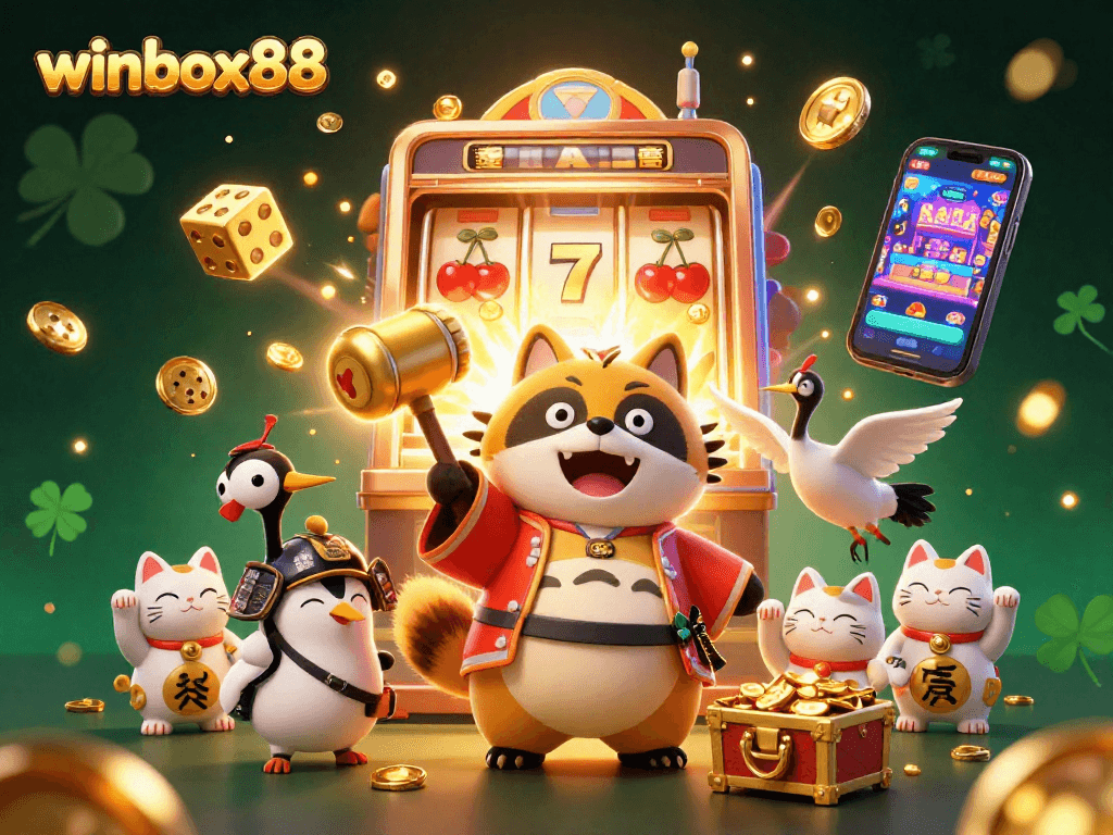 Experience the excitement of winbox88 with cheerful characters and casino-themed elements celebrating winning moments.