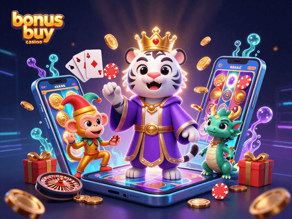 Engage with bonus buy casinos featuring an elegant tiger, monkey juggling chips, and vibrant gaming elements.
