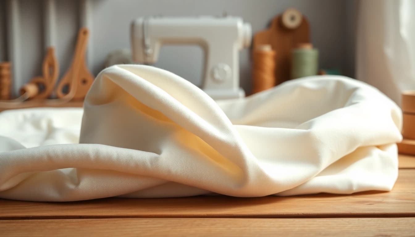 Katoen stof voor kleding mooi gepresenteerd met creatieve materialen op een rustieke tafel.