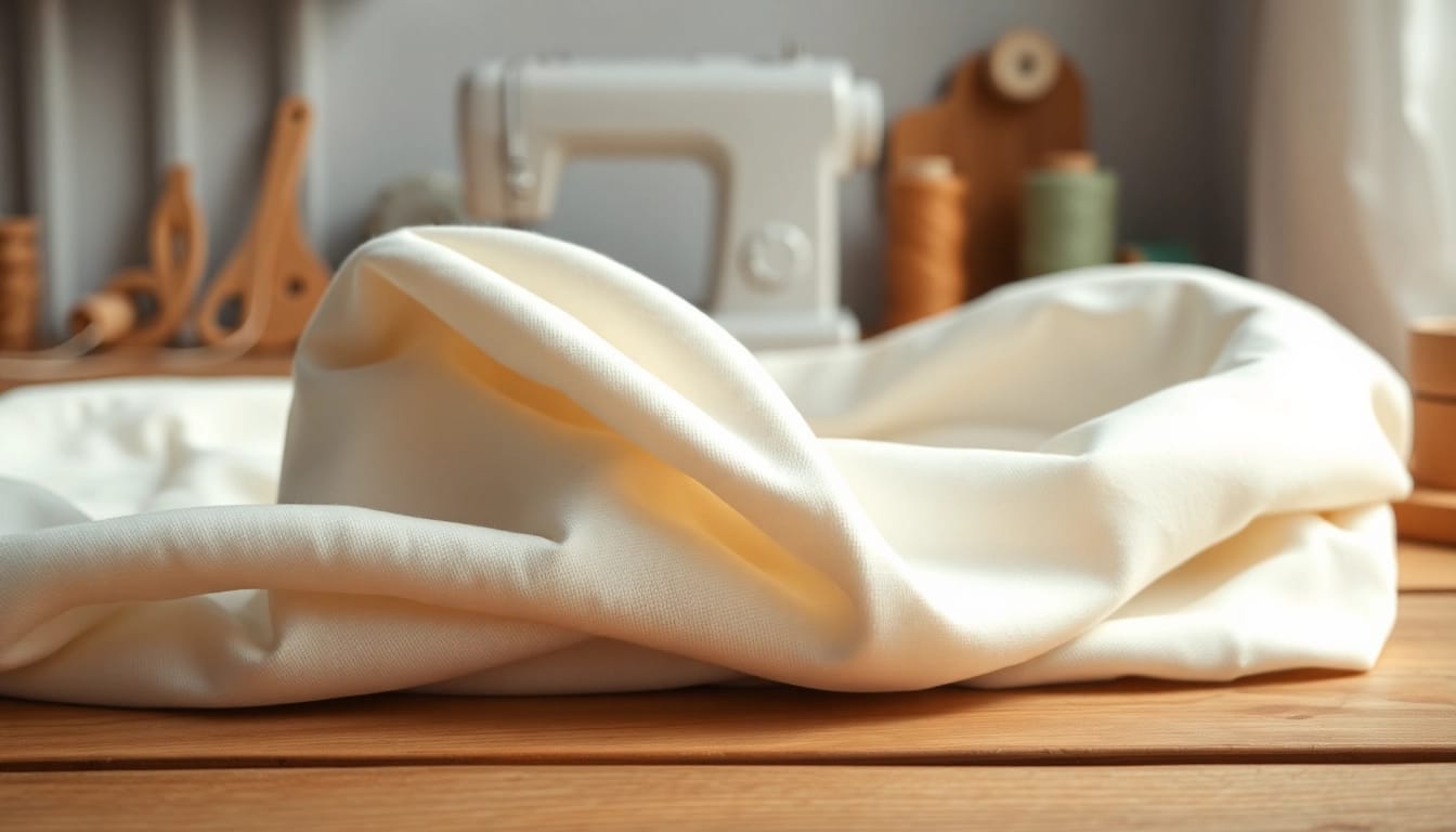 Katoen stof voor kleding mooi gepresenteerd met creatieve materialen op een rustieke tafel.