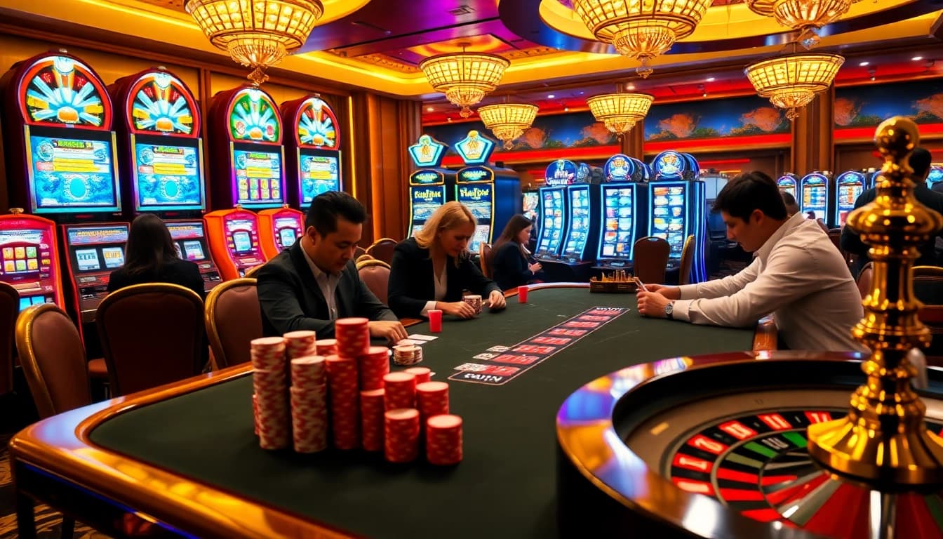 Engaged gamblers strategizing at a luxurious poker table in a vibrant NK88 casino setting.