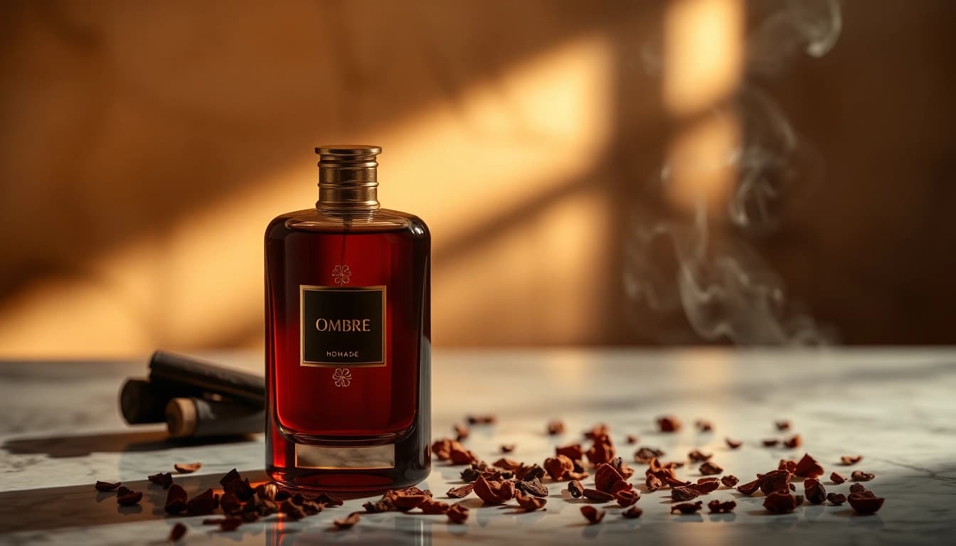 The luxurious bottle of Ombre nomade showcased with elegant design elements.