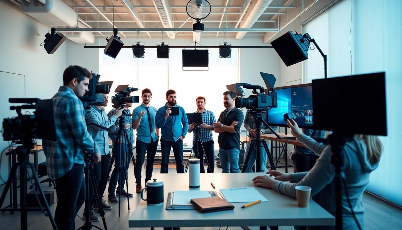 Captivating video production Edmonton crew collaborating in a modern studio.