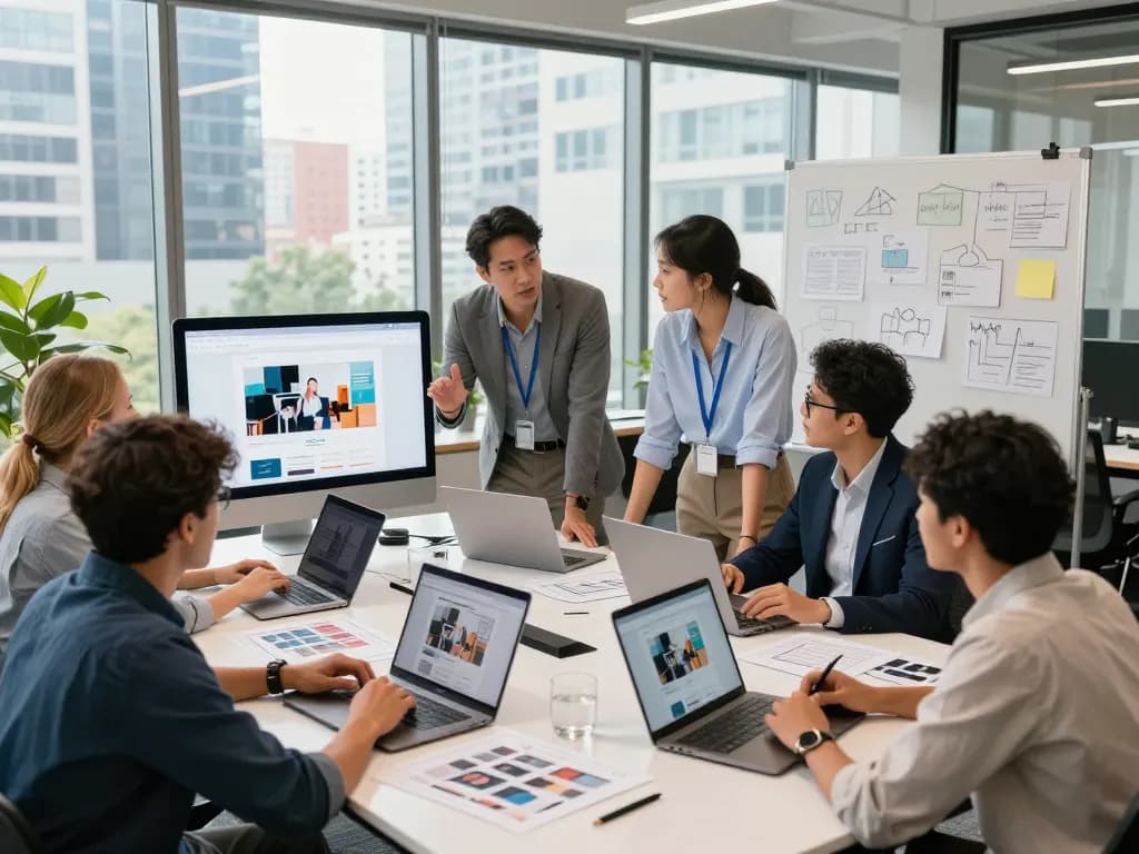 Freelance website designer near me collaborating in a modern office