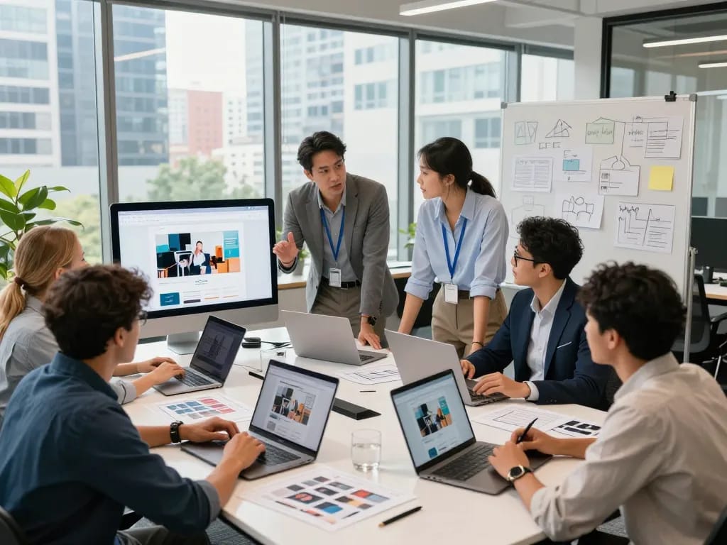Freelance website designer near me collaborating in a modern office