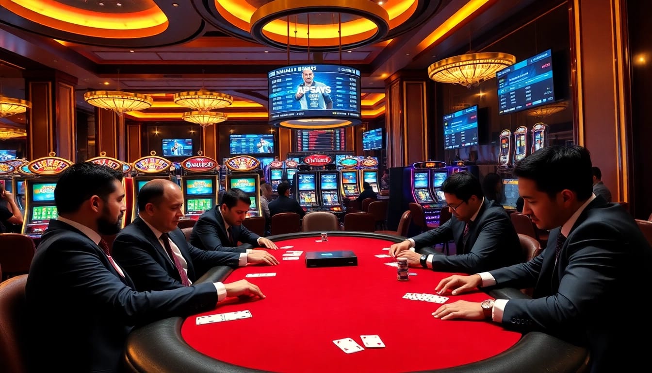 Engage in a thrilling game of poker in a luxury casino with apk jaya games featured on digital screens.