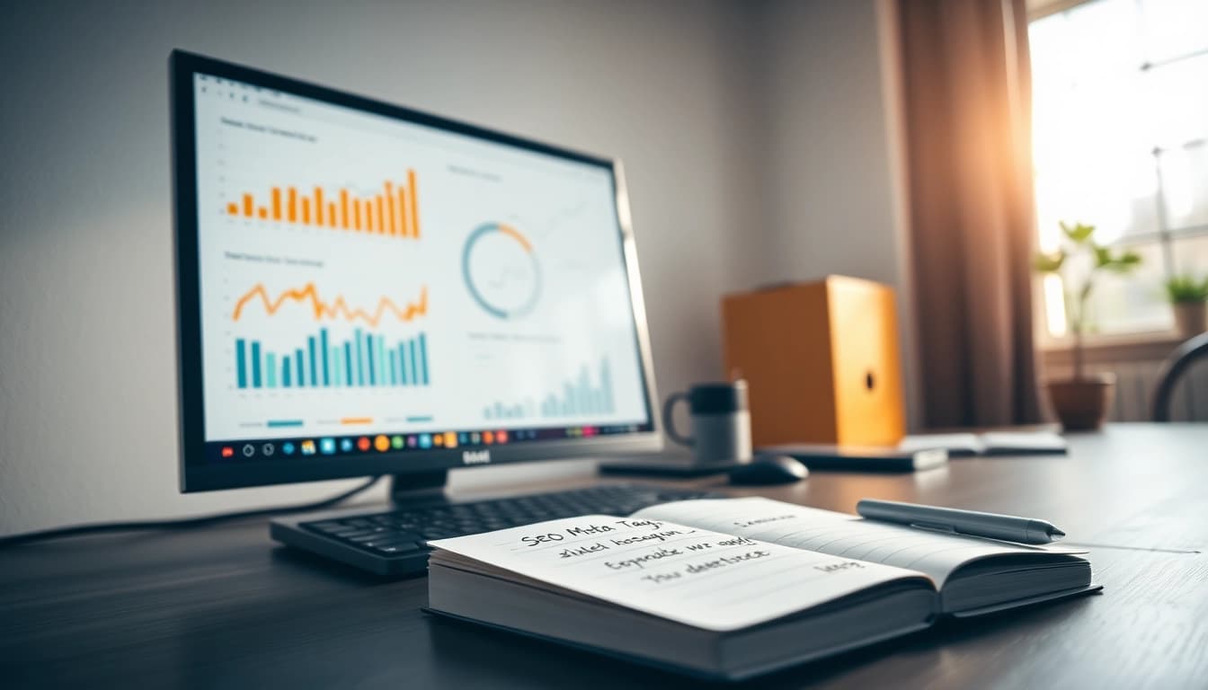Analyze seo meta tags on a modern desktop with SEO tools and notepad.