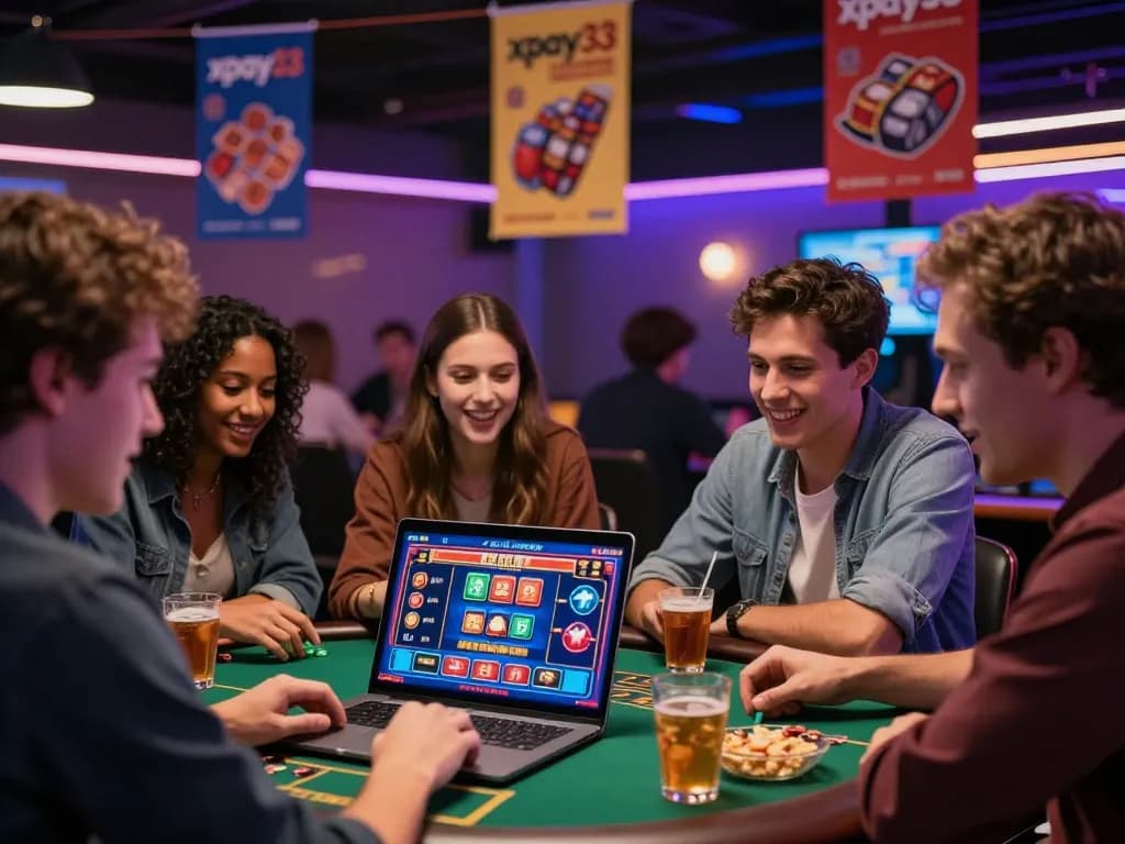 Engaging gaming night scene showcasing friends exploring the xpay33 promotion for online casino fun with a laptop, snacks, and vibrant game graphics.