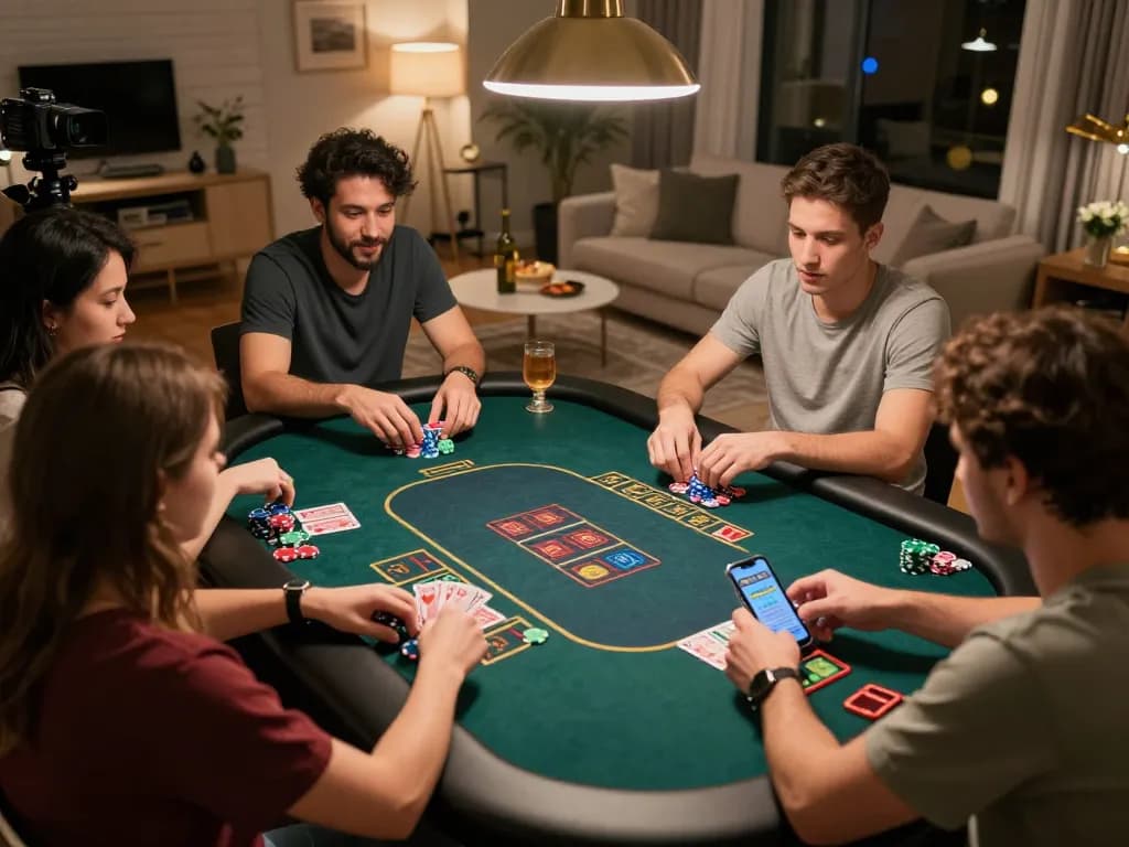 Friends enjoy LV88 poker night with chips and cards in an inviting home setting.