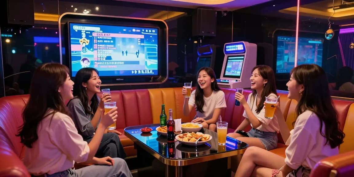 인천쓰리노의 고급스러운 노래방에서 즐기는 고객들, 다채로운 조명과 럭셔리한 인테리어가 조화를 이루고 있다.