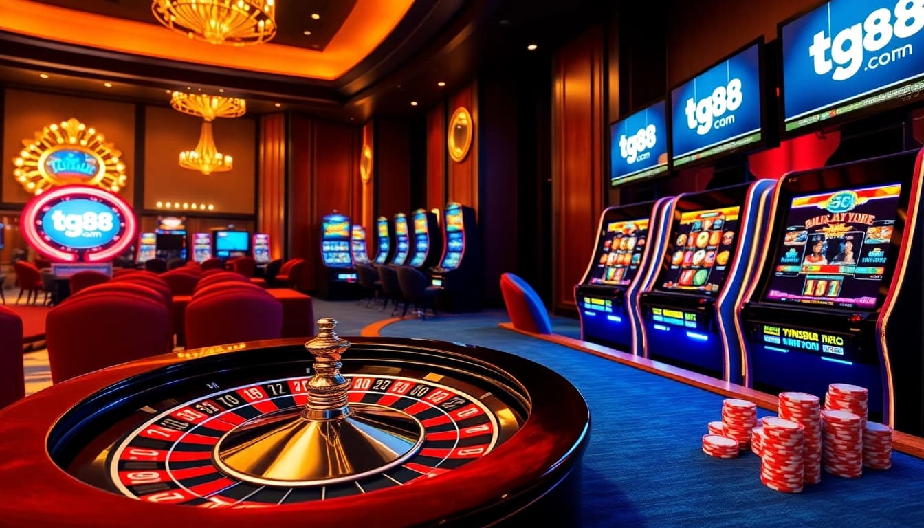 Experience excitement at tg88.com with roulette, poker chips, and vibrant slot machines in a luxurious casino setting.