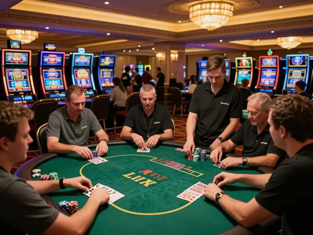 Players at W188 poker tables engage in thrilling gameplay amid a vibrant casino atmosphere