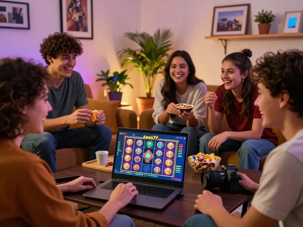 Friends engaged in a fun online gaming session with alexis77 on a laptop, showcasing the social aspect of gambling.