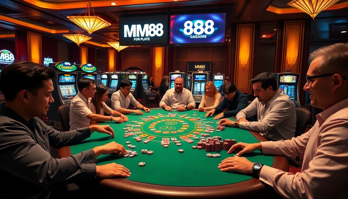 Players enjoying a high-stakes poker game at MM88 casino, showcasing excitement and strategy.