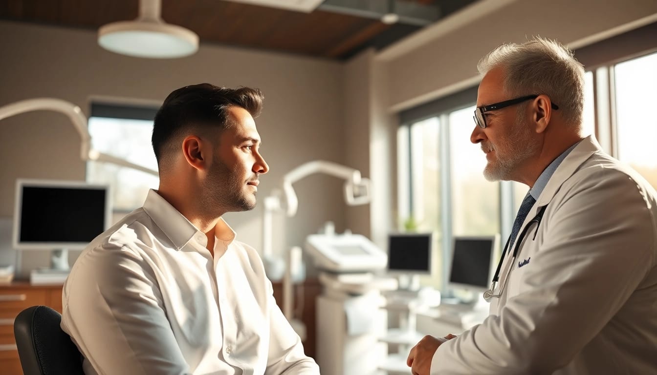 In-depth discussion on hair transplant istanbul price between patient and surgeon in modern clinic.