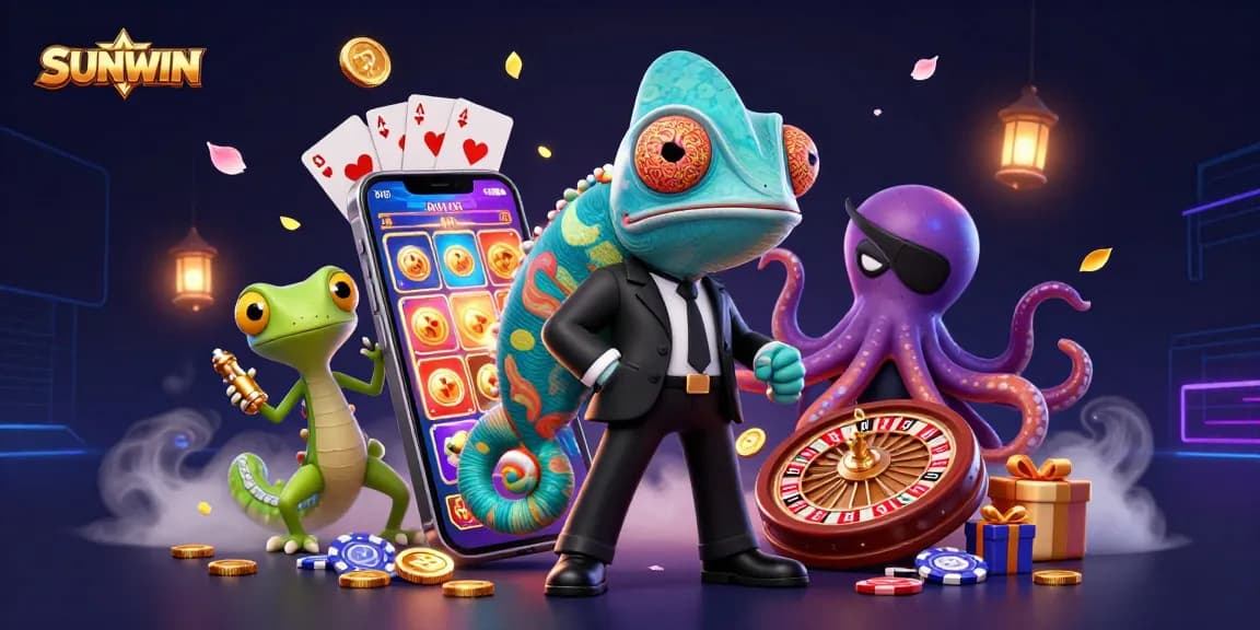 SUNWIN offers a thrilling gaming experience with a vibrant digital illustration showcasing colorful slot games and dynamic characters.