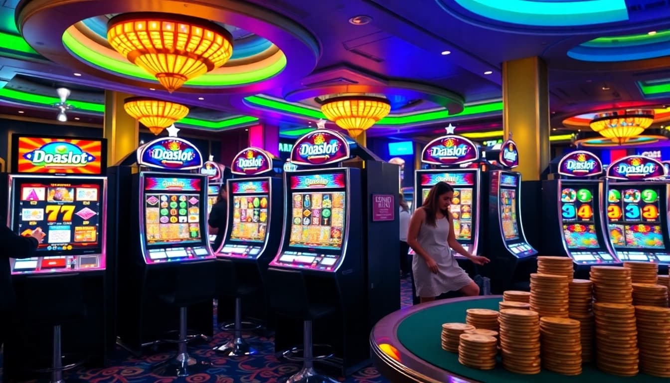 Players enjoying the doaslot slot machines in a lively casino environment.
