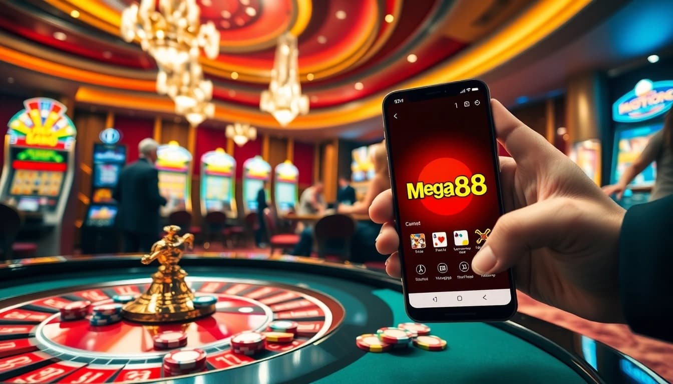 Mega888 players placing bets in an exciting casino environment filled with vibrant lights and games.