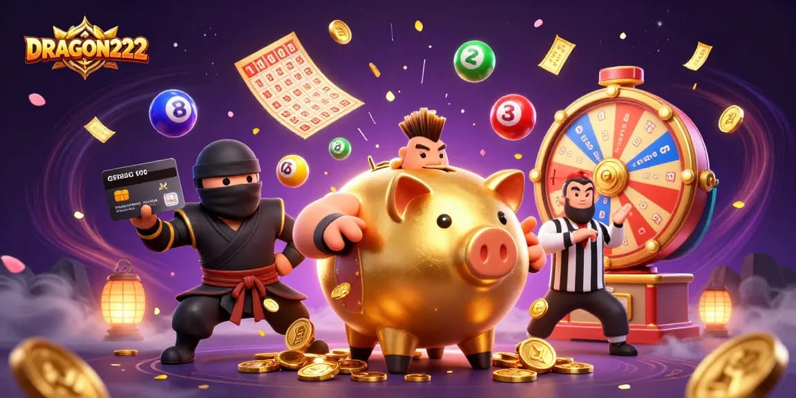 Experience thrilling action at DRAGON222 with a dynamic victory scene of a piggy bank sumo wrestler and vibrant gaming elements.