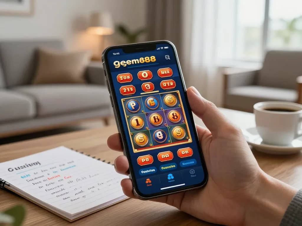 Engaging with gem88 casino app on smartphone while enjoying a cozy home environment.