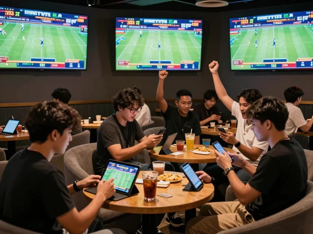 Engaged bettors analyzing live games while placing kèo nhà cái bets in a vibrant sports bar atmosphere
