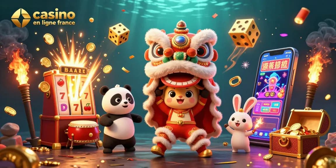 Jouez au casino en ligne France avec un lion dansant, un panda et un lapin, entourés de jackpots et de jeux passionnants.