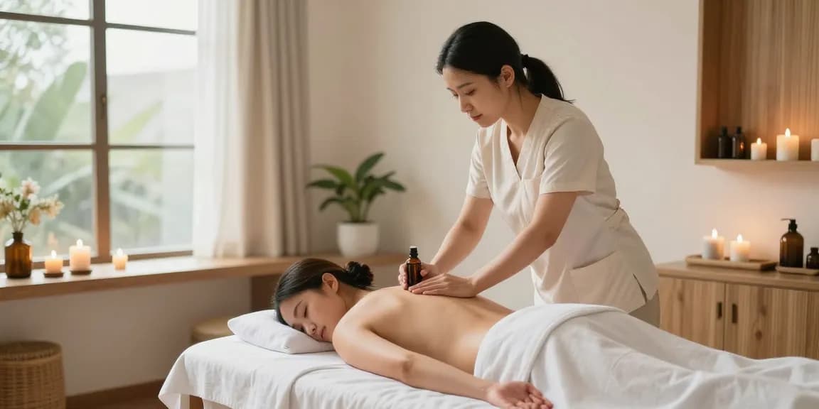 역삼동마사지에서 전문 치료사가 고객에게 아로마 오일을 적용하는 모습.