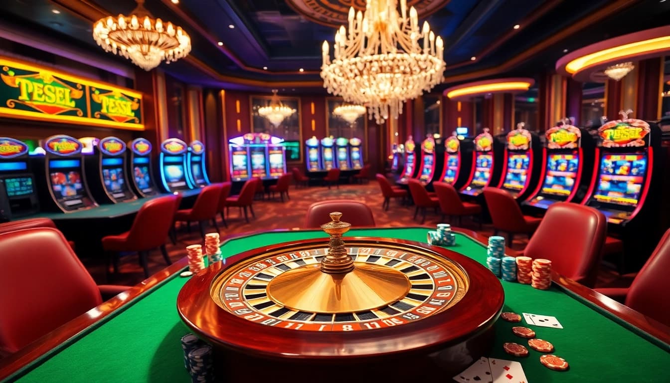 Experience excitement at https://tobet88bet.com/ with a vibrant casino scene, featuring roulette, poker chips, and slot machines.