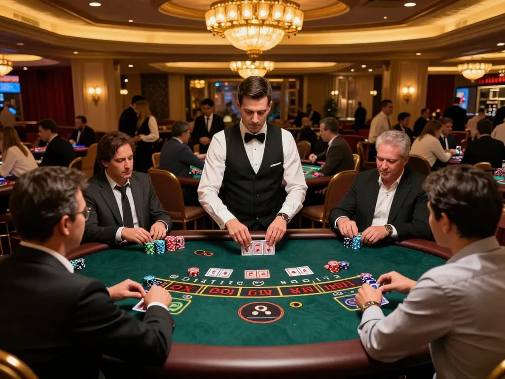 Engaging scene of blackjack action showcasing Go8 strategic gameplay at a classic casino table with players concentrated on their bets.