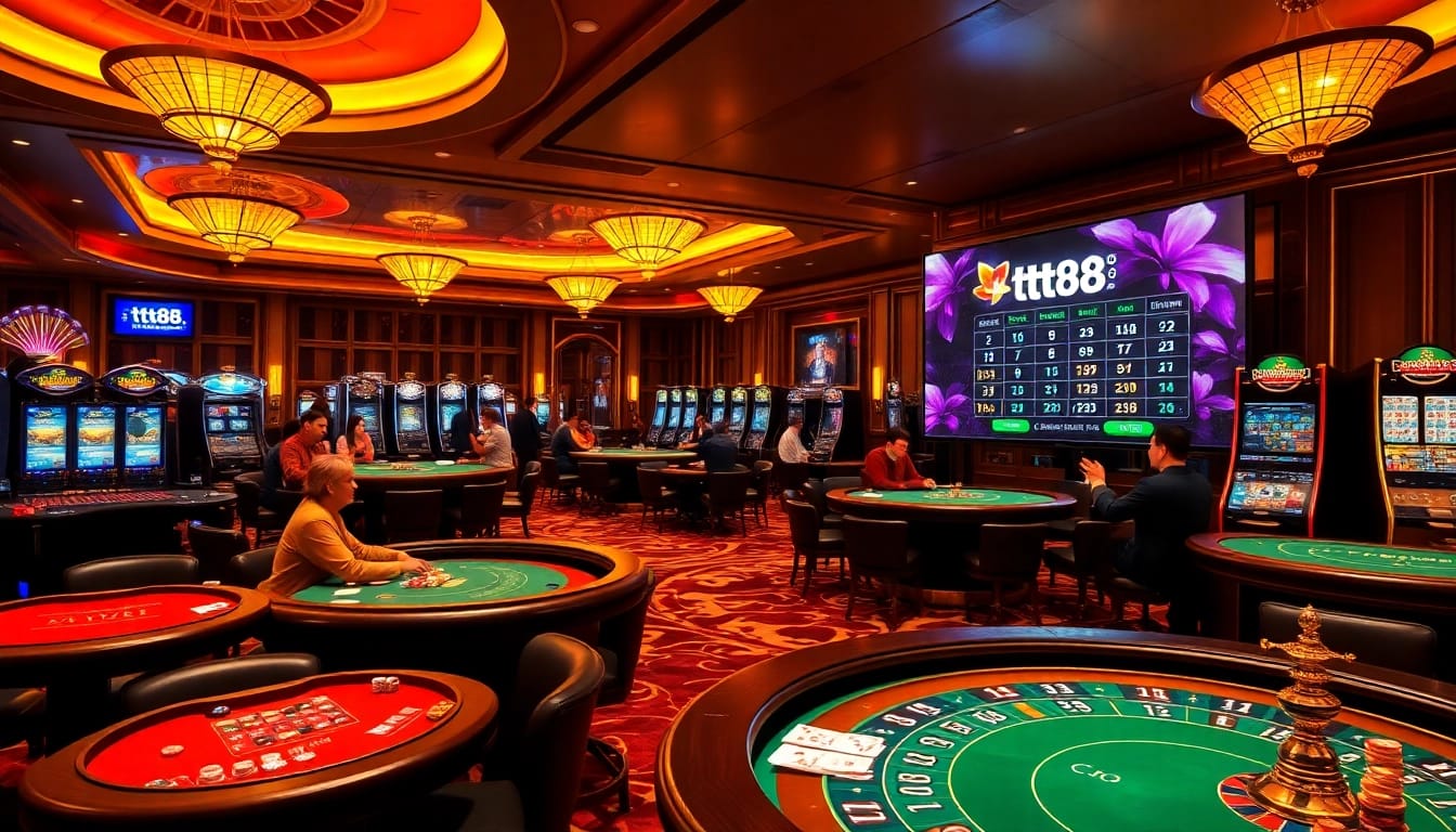 Engaging casino scene with players enjoying games at https://tt88.de.com featuring lively tables and vibrant colors.