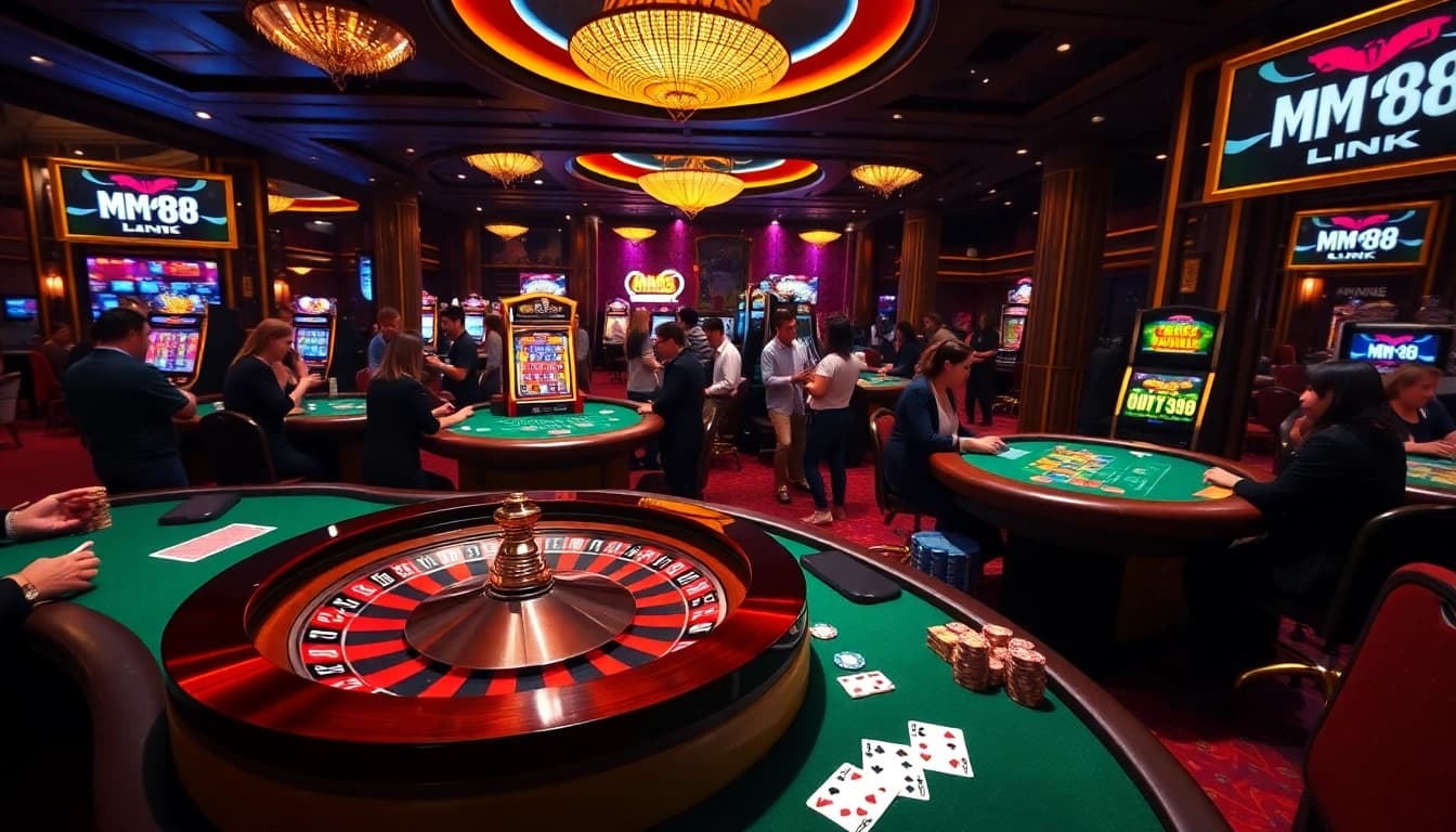 Exciting casino scene featuring MM88 LINK with poker chips and roulette wheel.