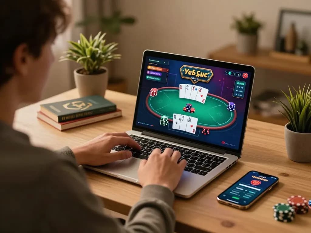 Player using online poker platform with Nhà cái XIBET on laptop amidst cozy home setting.