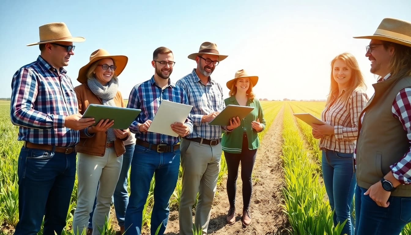 Farmers engaging in agriculture law discussions in a vibrant field setting.