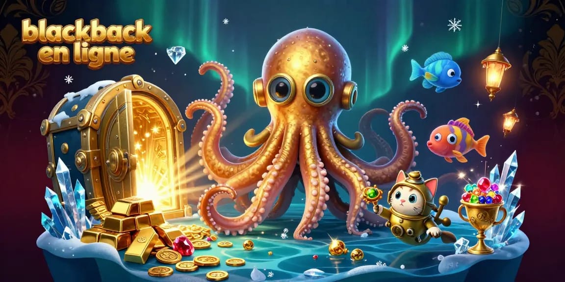 Jouez à blackjack en ligne avec cette illustration captivante mettant en scène un kraken doré et un chat plongeur.