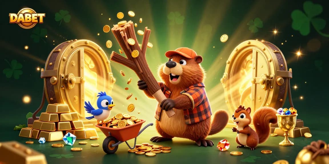 DABET offers an exciting casino experience as a beaver chops a tree raining golden coins in a vibrant scene.