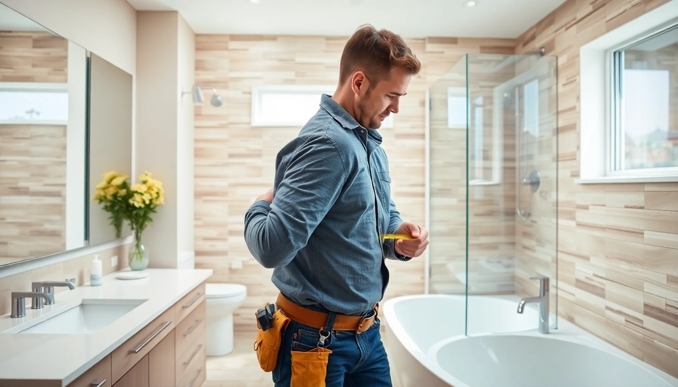 Bathroom remodeling contractors working on a stylish renovation project in a modern bathroom.