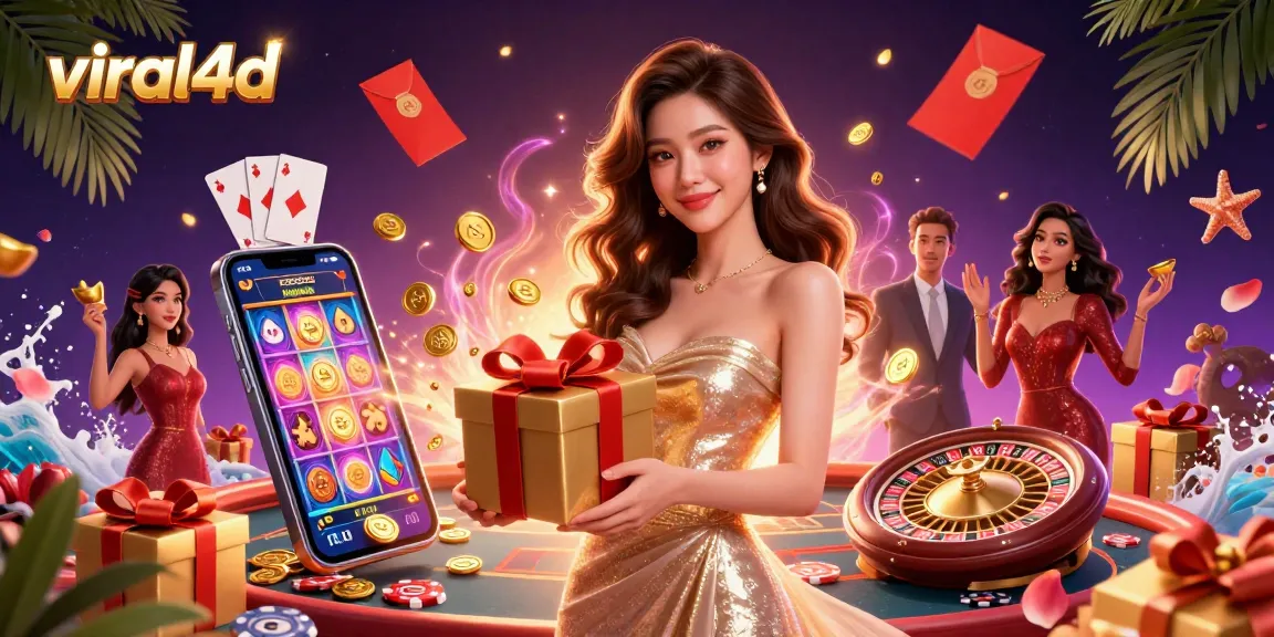 Experience thrilling gameplay with viral4d, showcasing a festive casino scene filled with vibrant slot machines and lively characters.