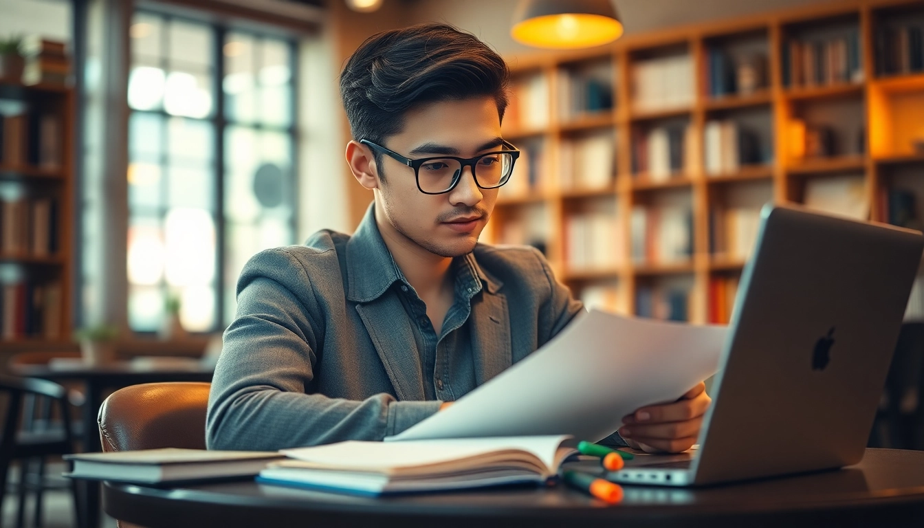 Student studying with study materials to pay someone to take toefl in a cozy cafe.