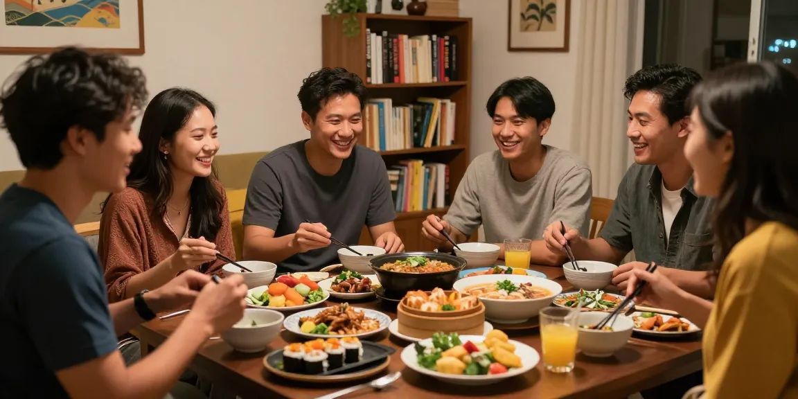 Friends enjoying Asian cuisine together at home, highlighting diverse cultures and community on https://hanadultalk.com.