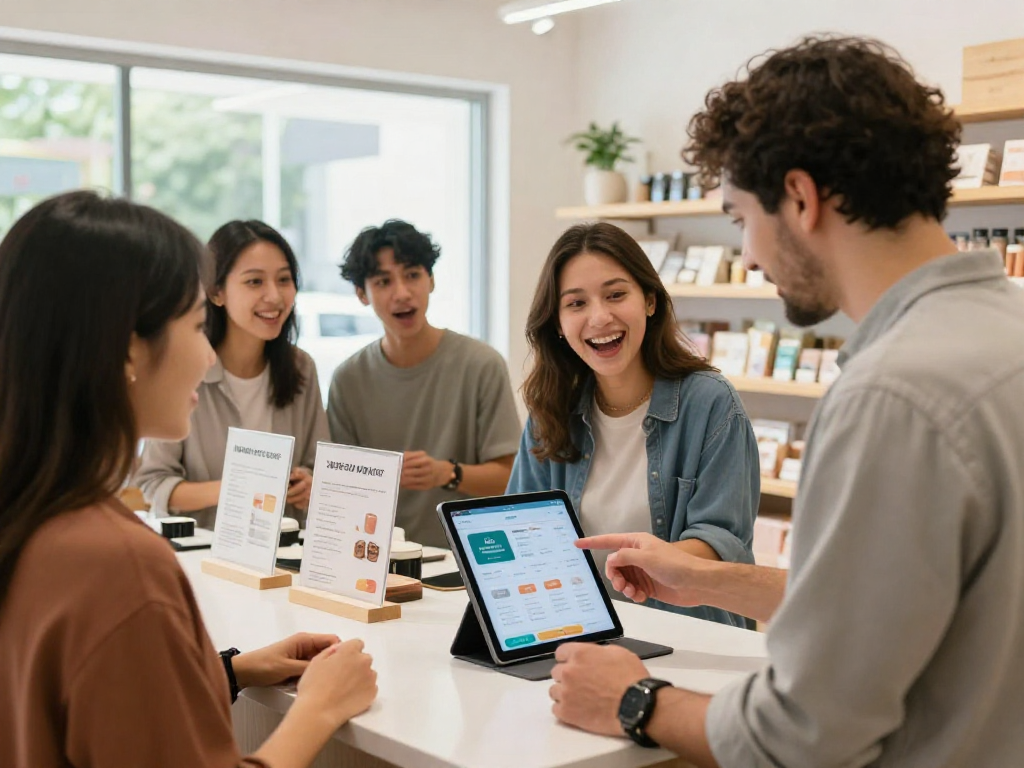 Customer engagement through a loyalty app in a small business setting, showcasing rewards and community interaction.