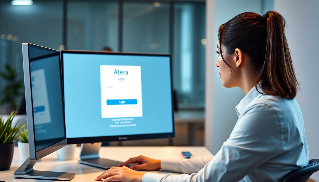 Atera login process with a user securely accessing the platform on a computer.