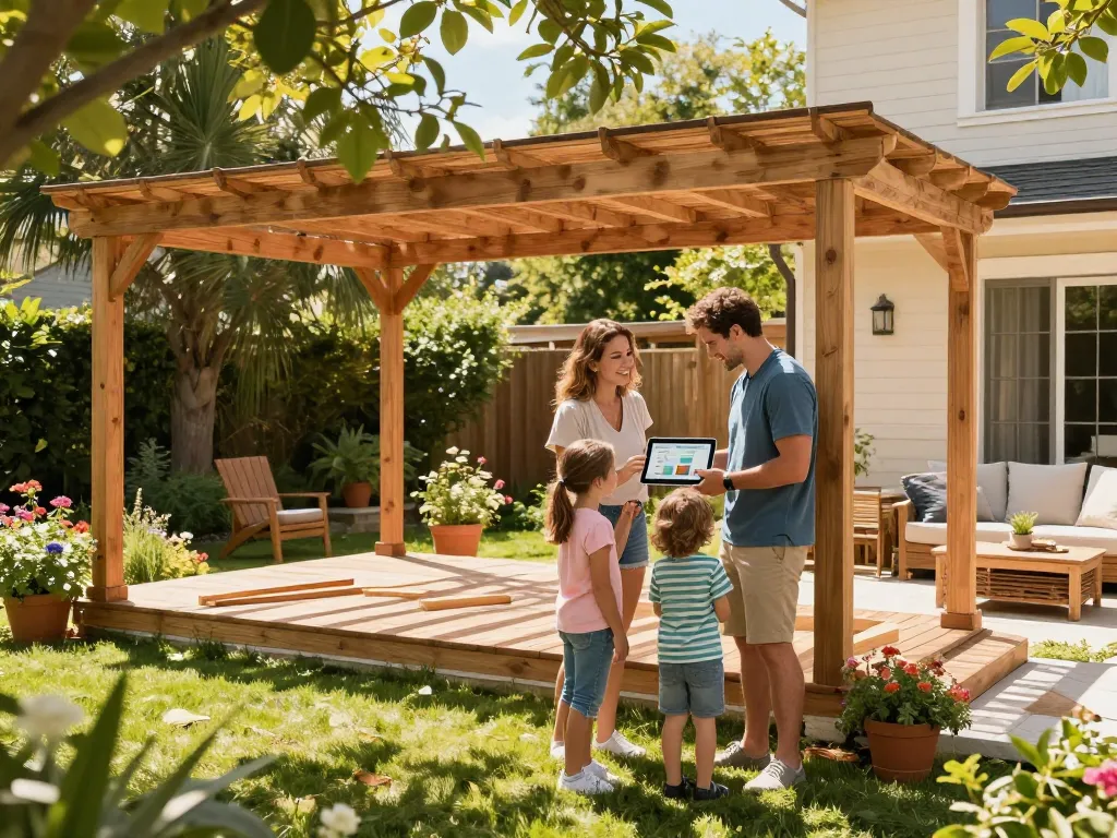 The family using a pergola configurator to design their dream outdoor pergola in a sunny backyard.