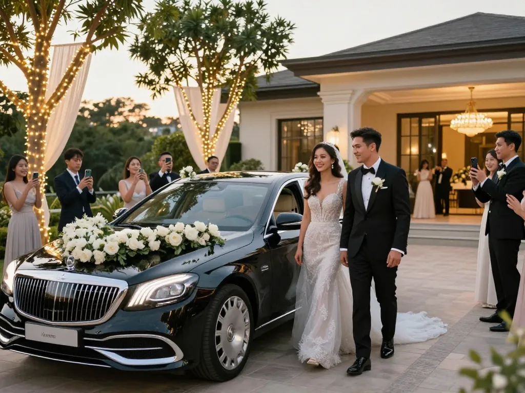 thuê xe cưới Mercedes trong bối cảnh đám cưới sang trọng với một cặp đôi phong cách và trang trí hoa