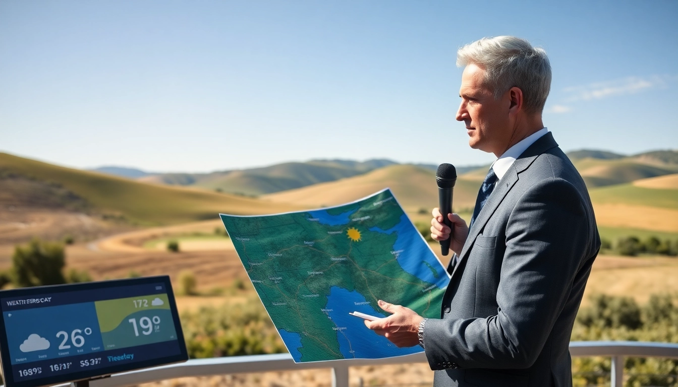 Capturing clarksburg ca weather forecast with a professional weather reporter analyzing a map.
