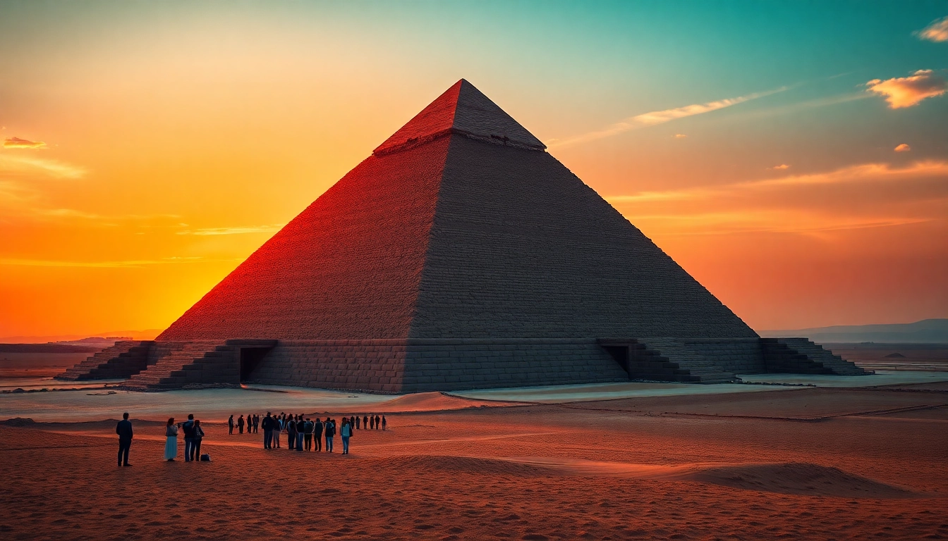 Piraminds of Giza under a sunset glow, captivating tourists with their historical grandeur.