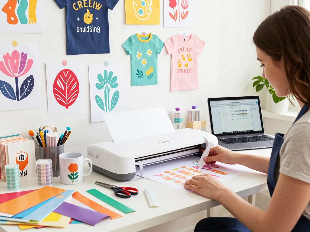 Creative crafter using Cricut in a vibrant studio filled with colorful materials and finished projects.