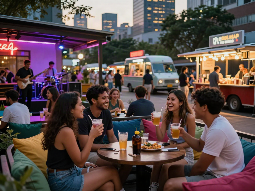 Vibrant nightlife scene showcasing friends enjoying drinks at a trendy bar, highlighting community and energy around dez pila.