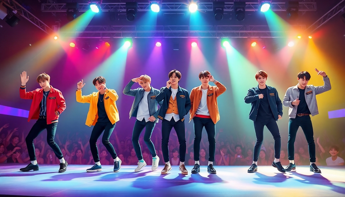 BTS members performing energetically on stage amid bright, colorful lights.
