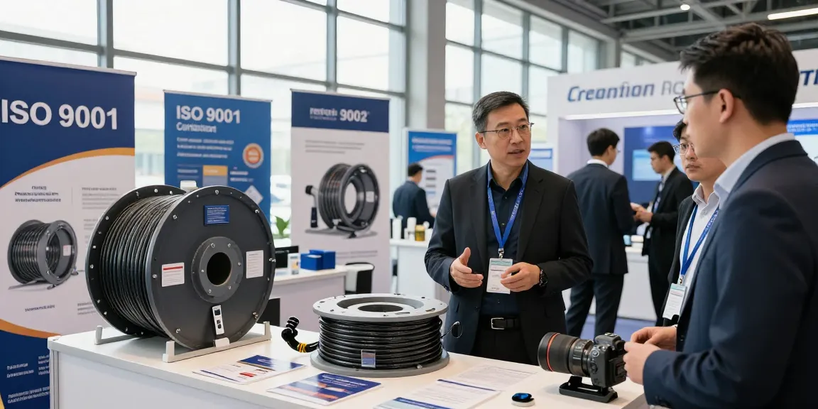 Engaging exhibition scene featuring seismic cable products, showcasing industry expertise and client interaction.