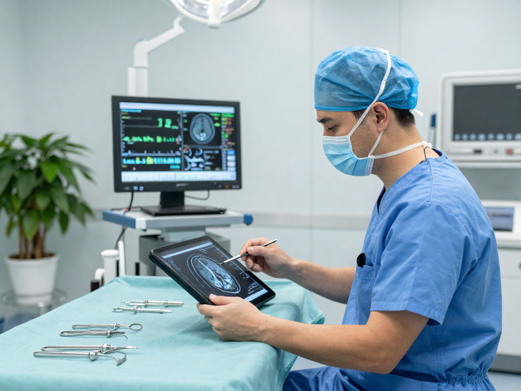 Beyin tümörü ameliyatı scene with a neurosurgeon reviewing MRI scans in a sterile surgical environment.
